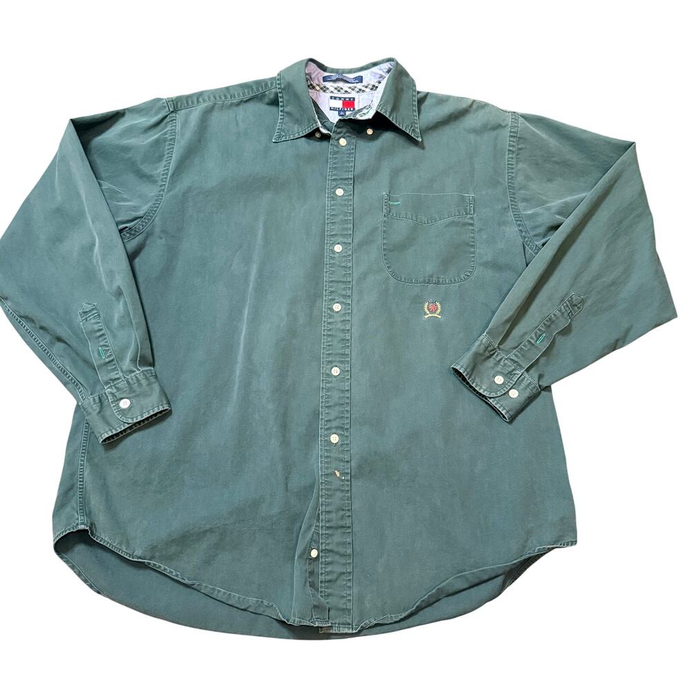 Vintage Tommy Hilfiger Crest Logo Button Down Shirt Mens Large Green